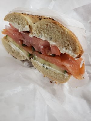 Nova Lox and Cream Cheese Sandwich with capers, cucumbers, tomato + scallion cream cheese (+$1)