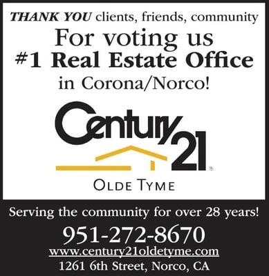 Voted #1 Real Estate  Office in the Press Enterprise. "Go with the Best" !