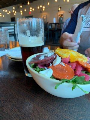 Vanilla Porter is perfectly smooth and pickled veggie salad - doesn't get any better unless you add the Brie + Pear Pizza!