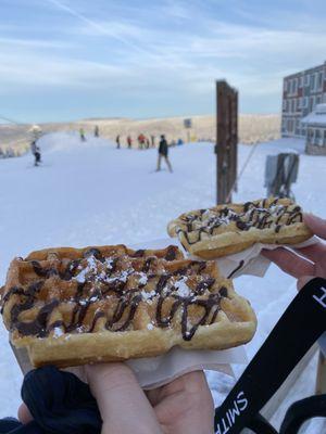 Waffle, choc sause, cinnamon sugar, powda