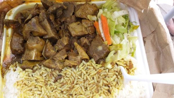 Curry goat, white rice and steamed veggies.$4.99