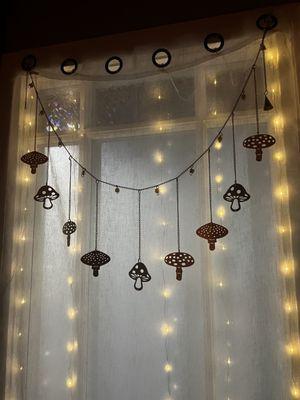 Fairy lights and mushroom garland for the new windows