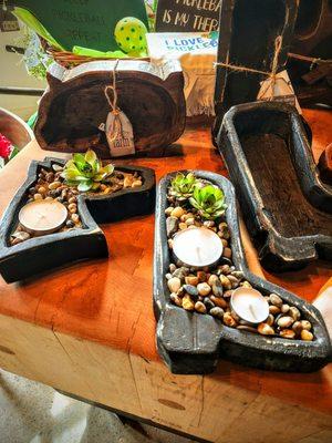 Handmade wood bowls. Add a plant, use as a key holder. These are also candle- ready.