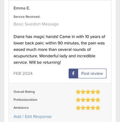 A review of Diane at Gifted Massage Therapy posted on  MassageBook via www.GiftedMassageTherapy.com