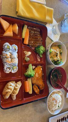 Dinner Bento Box with Beef Teriyaki and Salmon. Fried Rice, Miso Soup, Garden Salad.