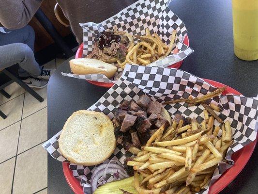 Burnt Burnt Brisket Ends Sandwich and Pulled ('Pork sandwich. Split the Fries.