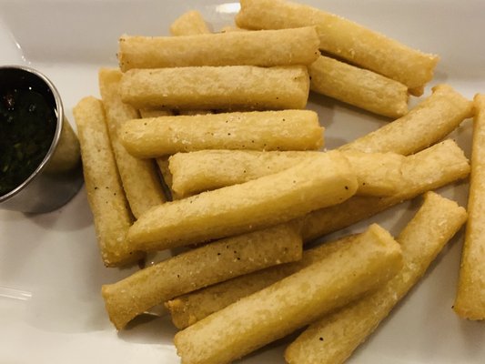 Yucca Fries with a chimichurri dipping sauce