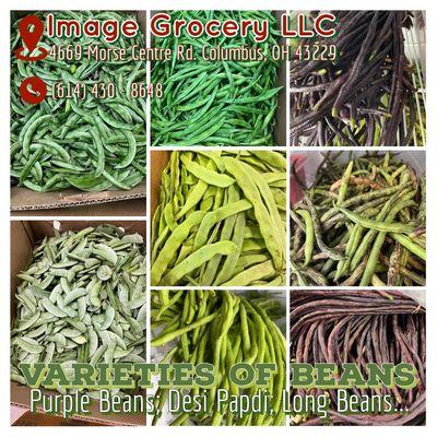 Varieties of Beans; Desi Papdi, Long Beans, Purple Beans, etc