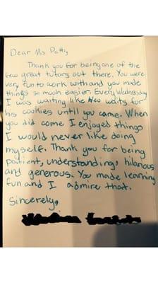 Letter from one of our 5th grade students to her tutor.