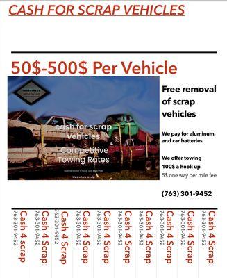 Cash for scrap vehicles
7633019452
Now accepting heavy equipment 
Also doing free bids for land clearings