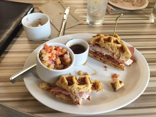 Turkey, ham, bacon, cheese and tomato! All between waffles, what's not to love?