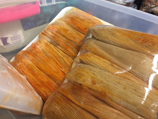 Fresh tamales!  Green=chicken red=pork