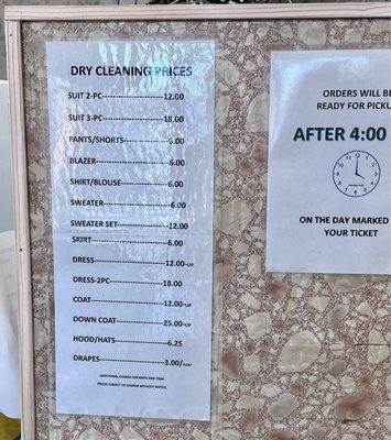 Dry cleaning prices and schedule