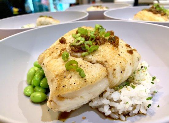 Pan roasted halibut with ginger soy