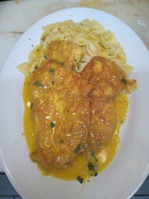 Chicken Française: Chicken cutlets in lemon-butter & white wine sauce over bow tie pasta