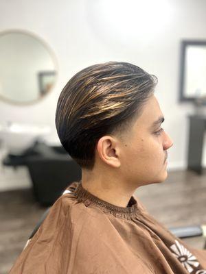 Slick back taper fade.