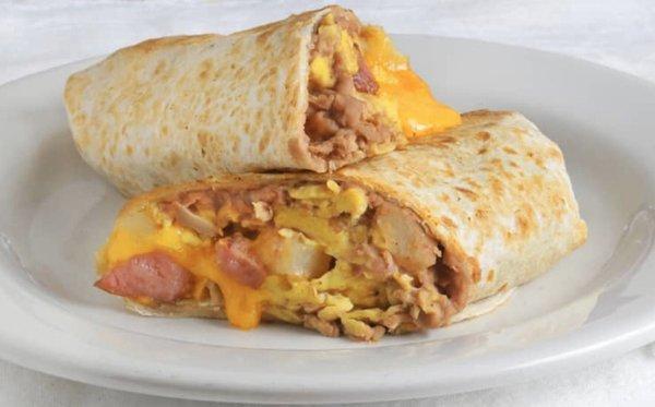 Breakfast Burrito 
Sausage, egg, potatoes, cheddar cheese and beans