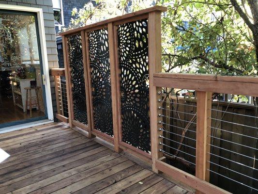 Framed aluminium privacy screens for redwood deck in Berkeley