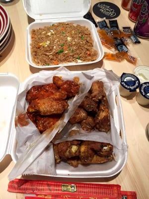 Wings combo #6: 10 lemon pepper, 10 crazy, 10 jerk wings, 3 sodas, and substituted large fry with fried rice for $25.25.