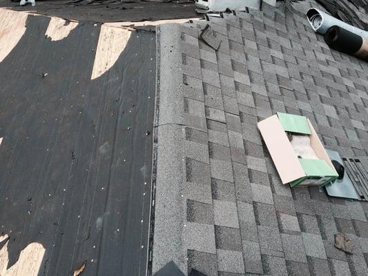 Mid-production...old felt underlay on the left and new shingles on the right