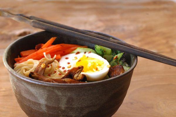 Ramen with locally sourced vegetables and farm eggs