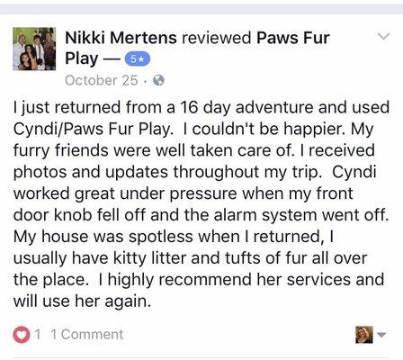 Facebook review for Paws Fur Play!