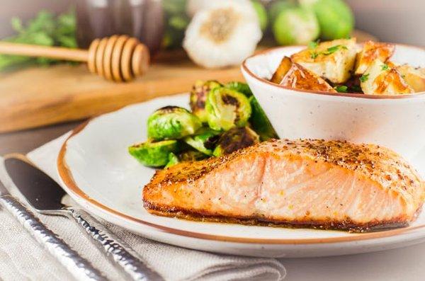 Grilled Salmon Plate with whole-grain honey mustard glaze, Brussels sprouts with bacon and roasted garlic potatoes