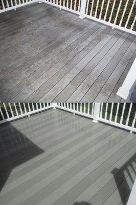 Before and after of deck being Pressure Washed