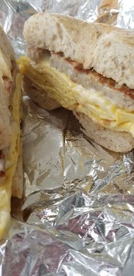 Sausage egg and cheese on a whole wheat bagel  So soft, fresh, and delicious