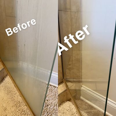 Before and After shower door cleaning.