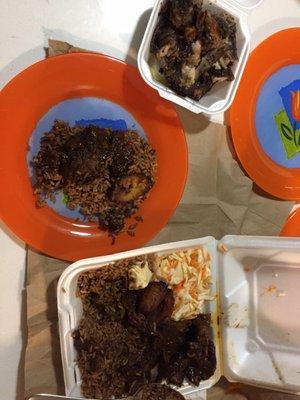 Oxtails, rice and peas, jerk chicken