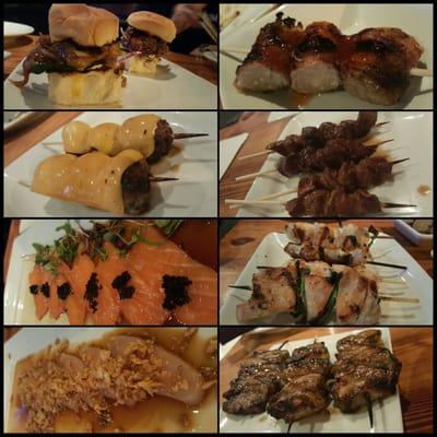 Misc izakaya items during happy hour. (Tounge, gizzard, bacon wrapped scallops, salmon, meatballs, cartillage, pork belly)