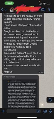 Message he sent to my dad. Threatening us to take down an honest review.