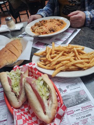 Medium Italian sub (minus onion & tomato), side of fries, angel hair vodka pasta with mushrooms