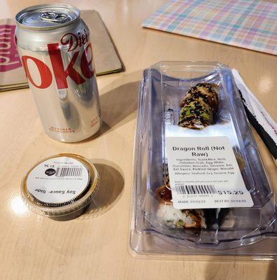 Dragon Roll sushi and a diet coke