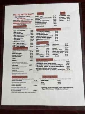 Breakfast menu