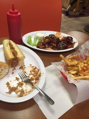 Chicken cheesesteak, fries, buffalo bbq wings