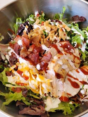 BBQ Ranch Chicken Salad with all the toppings including house made ranch and house roasted chicken. Cheddar and Bacon!  Yum!