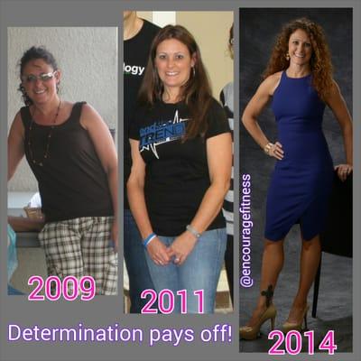 Shari, owner and instructor at iEncourage Fitness,  before and after. Determination and consistency DO pay off! =)