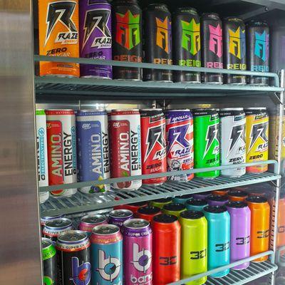 Sugar free energy drinks are stocked.