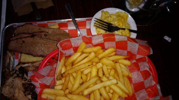 Pork, brisket, fries, Mac and cheese