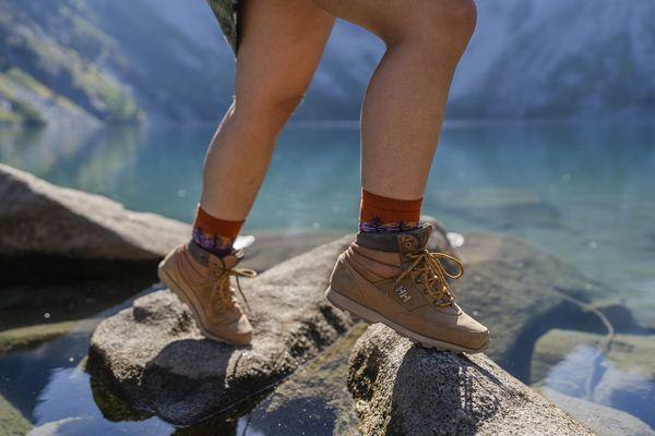 A hiker wearing the Northwoods Micro Crew hiking sock.