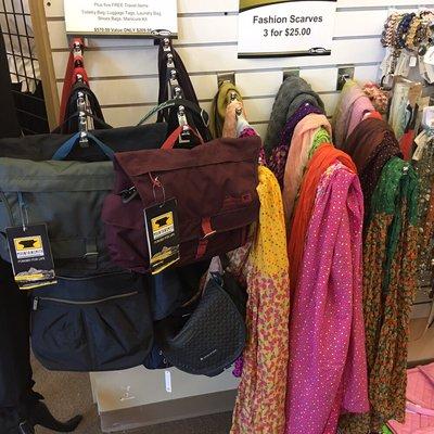 Women's shoulder bags and scarfs.