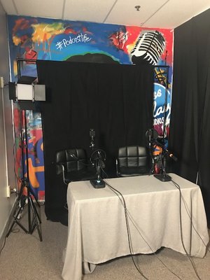 Setup with black backdrop for video and audio recording at Press Play Studios.