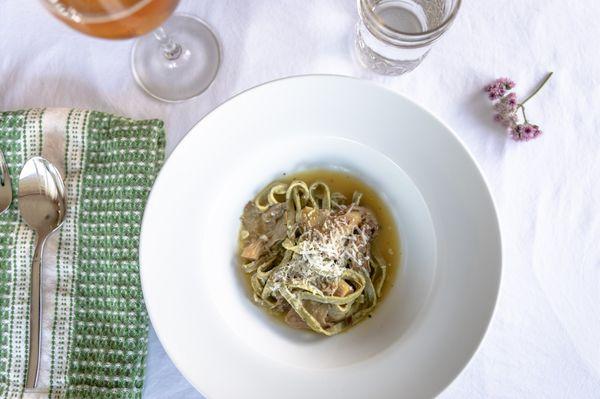 Homemade herb pasta, local oyster mushrooms, aged parmesan