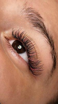 Hybrid Lash Extensions with Pink Lashes added