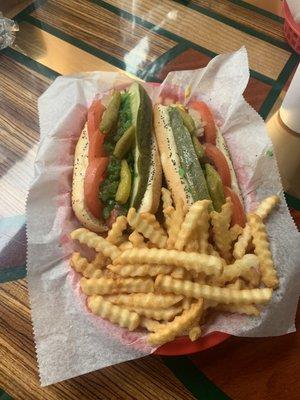 Double Chicago Style hot dogs with small fries! Yummm!