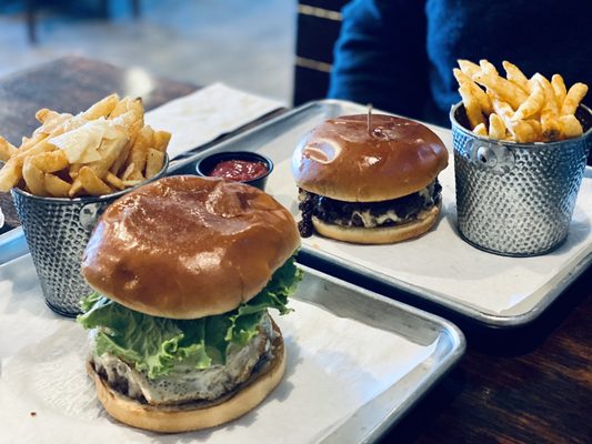 Whisky tango burger with truffle fries and the bacon jam burger with fries