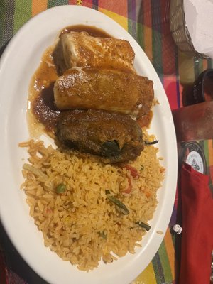 Choose 3 entree: 1 chicken chimichanga, 1 beef Chile relleno, 1 pork tamale, double rice (no beans)