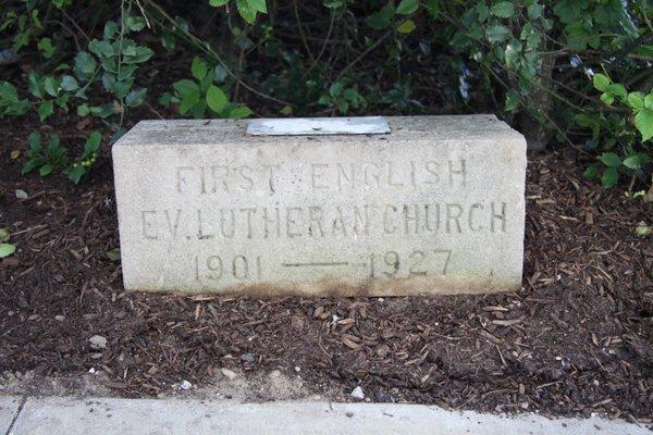 The cornerstone of our church which was known formerly as First English Lutheran Church.